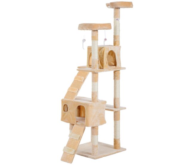 Pawhut árbol rascador para gatos, árbol para gatos 173 cm, torre escalador con 2 cuevas, 3 camas, 2 rampas, postes de sisal, 2 ratones colgantes, beige