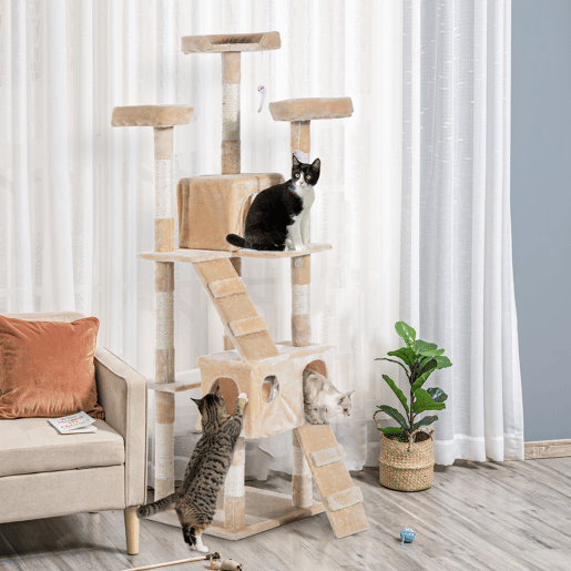 PawHut Arranhador para Gatos Grande 49x49x173 cm com Múltiplos Níveis Cavernas Brinquedos Suspensos Centro de Atividades de Sisal Bege