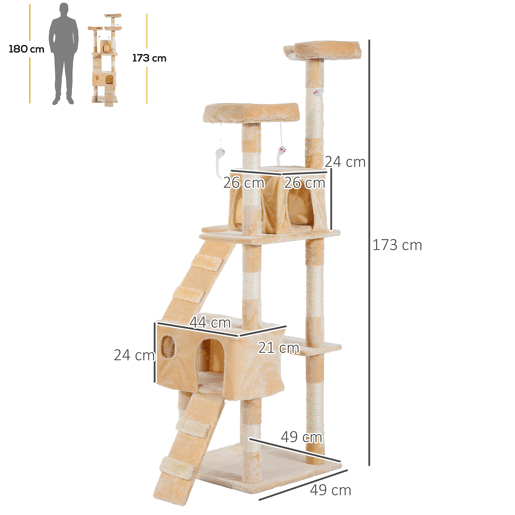 PawHut Arranhador para Gatos Grande 49x49x173 cm com Múltiplos Níveis Cavernas Brinquedos Suspensos Centro de Atividades de Sisal Bege