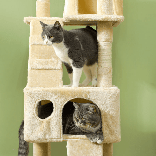 PawHut Arranhador para Gatos Grande 49x49x173 cm com Múltiplos Níveis Cavernas Brinquedos Suspensos Centro de Atividades de Sisal Bege