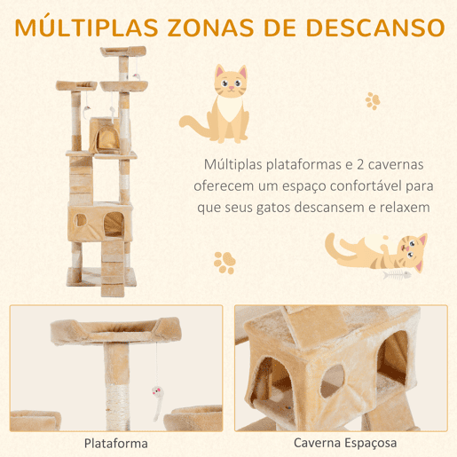 PawHut Arranhador para Gatos Grande 49x49x173 cm com Múltiplos Níveis Cavernas Brinquedos Suspensos Centro de Atividades de Sisal Bege