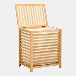 HOMCOM Cesto de Roupa de Bambu Cesto Roupa Suja Capacidade 55L com Bolsa Amovível Forma Retangular 50x36x60 cm Madeira