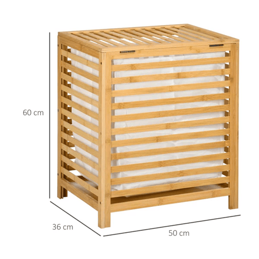 HOMCOM Cesto de Roupa de Bambu Cesto Roupa Suja Capacidade 55L com Bolsa Amovível Forma Retangular 50x36x60 cm Madeira