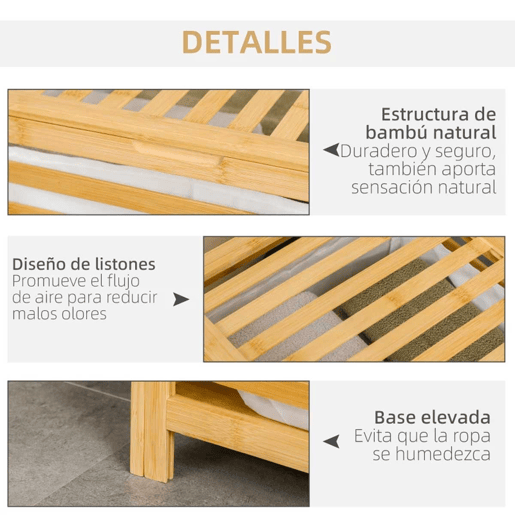 HOMCOM Cesto de Roupa de Bambu Cesto Roupa Suja Capacidade 55L com Bolsa Amovível Forma Retangular 50x36x60 cm Madeira