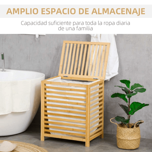HOMCOM Cesto de Roupa de Bambu Cesto Roupa Suja Capacidade 55L com Bolsa Amovível Forma Retangular 50x36x60 cm Madeira