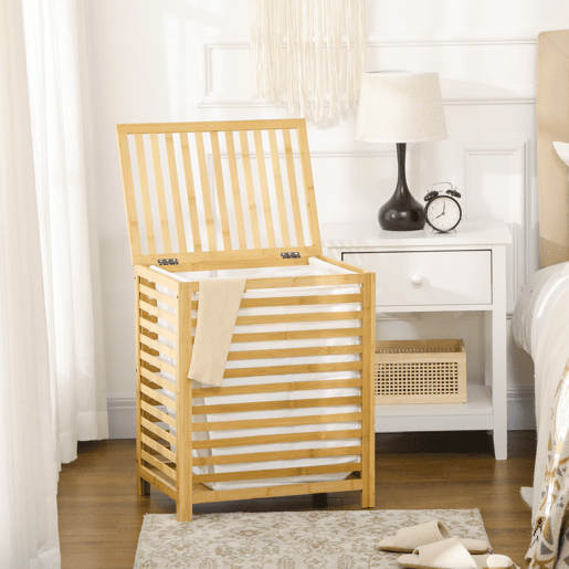 HOMCOM Cesto de Roupa de Bambu Cesto Roupa Suja Capacidade 55L com Bolsa Amovível Forma Retangular 50x36x60 cm Madeira
