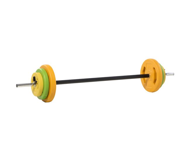 Homcom barra de pesas 20 kg set de musculación con 6 discos de pesos 1,5kg 2,5kg 5 kg intercambiables para entrenamiento fuerza y brazos en gimnasio doméstico 130x28x28 cm multicolor