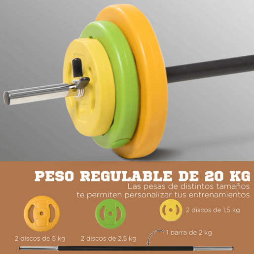 HOMCOM Conjunto de Barra de Pesos Conjunto de Musculação com 6 Discos de Pesos 1,5kg 2,5kg 5 kg Intercambiáveis para Treino de Força Braços em Ginásio Casa 130x28x28 cm Multicor