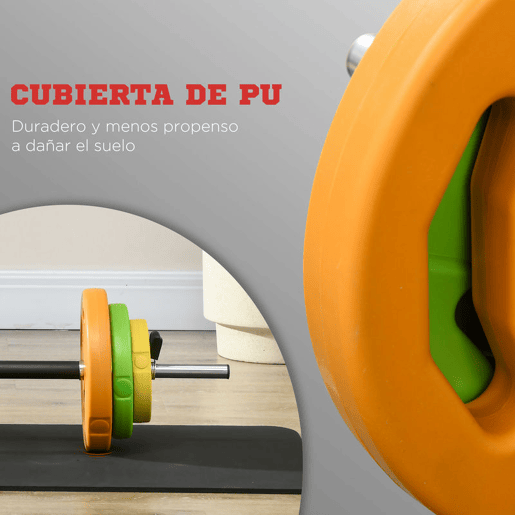 HOMCOM Conjunto de Barra de Pesos Conjunto de Musculação com 6 Discos de Pesos 1,5kg 2,5kg 5 kg Intercambiáveis para Treino de Força Braços em Ginásio Casa 130x28x28 cm Multicor