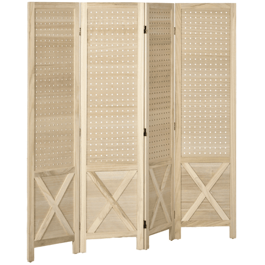 HOMCOM Biombo de 4 Painéis Separador de Ambientes Dobrável 152x1,7x144,5 cm Divisor de Habitações Painéis com Orifícios para Pendurar para Escritório Dormitório Sala de Estar Madeira