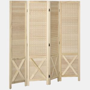 HOMCOM Biombo de 4 Painéis Separador de Ambientes Dobrável 152x1,7x144,5 cm Divisor de Habitações Painéis com Orifícios para Pendurar para Escritório Dormitório Sala de Estar Madeira