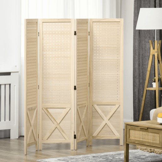HOMCOM Biombo de 4 Painéis Separador de Ambientes Dobrável 152x1,7x144,5 cm Divisor de Habitações Painéis com Orifícios para Pendurar para Escritório Dormitório Sala de Estar Madeira