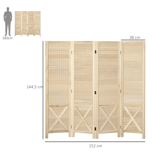 HOMCOM Biombo de 4 Painéis Separador de Ambientes Dobrável 152x1,7x144,5 cm Divisor de Habitações Painéis com Orifícios para Pendurar para Escritório Dormitório Sala de Estar Madeira