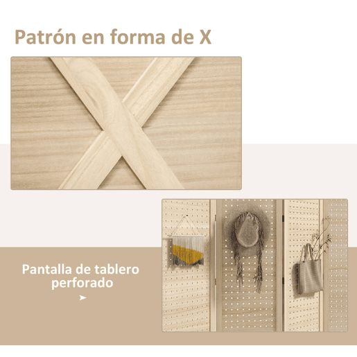 HOMCOM Biombo de 4 Painéis Separador de Ambientes Dobrável 152x1,7x144,5 cm Divisor de Habitações Painéis com Orifícios para Pendurar para Escritório Dormitório Sala de Estar Madeira