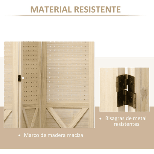 HOMCOM Biombo de 4 Painéis Separador de Ambientes Dobrável 152x1,7x144,5 cm Divisor de Habitações Painéis com Orifícios para Pendurar para Escritório Dormitório Sala de Estar Madeira