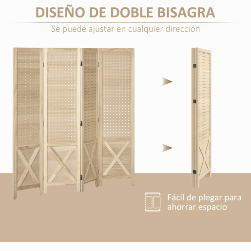 HOMCOM Biombo de 4 Painéis Separador de Ambientes Dobrável 152x1,7x144,5 cm Divisor de Habitações Painéis com Orifícios para Pendurar para Escritório Dormitório Sala de Estar Madeira