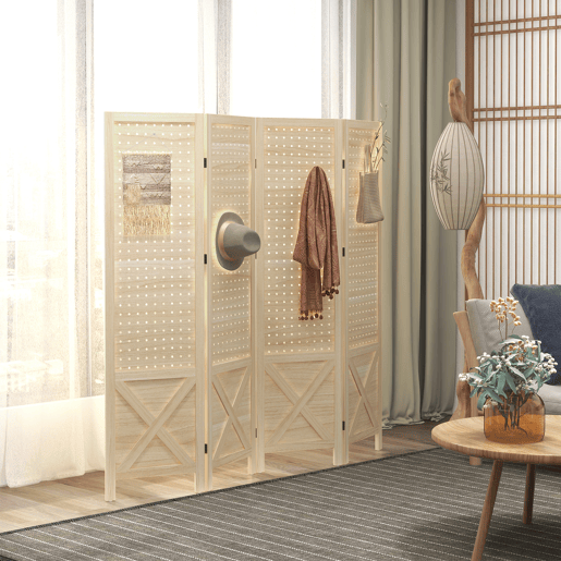 HOMCOM Biombo de 4 Painéis Separador de Ambientes Dobrável 152x1,7x144,5 cm Divisor de Habitações Painéis com Orifícios para Pendurar para Escritório Dormitório Sala de Estar Madeira