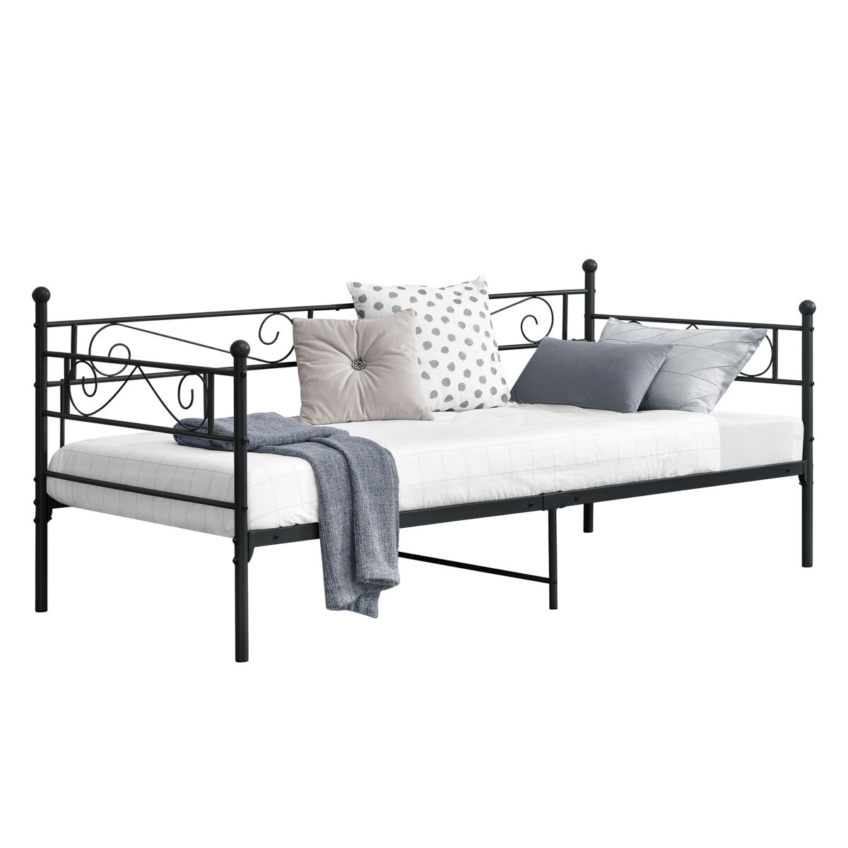 Cama simple kreava reposacabezas y reposapiés metal 90x200cm negro [en.casa]