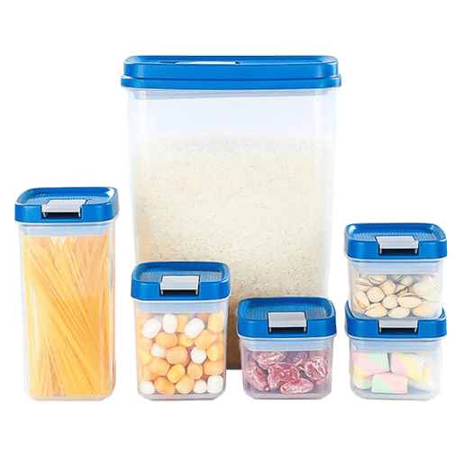 6 peças de caixa de armazenamento de alimentos de cozinha, (3,4 L), (0,65 L), (0,35 L), (0,22 L). Dimensões: 1 unidade 19x11x25, 1 unidade 7,5x7,5x15,5, 1 unidade 7,5x7,5x9,5 e 3 unidades 7,5x7,5x6,5cm.