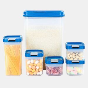 6 peças de caixa de armazenamento de alimentos de cozinha, (3,4 L), (0,65 L), (0,35 L), (0,22 L). Dimensões: 1 unidade 19x11x25, 1 unidade 7,5x7,5x15,5, 1 unidade 7,5x7,5x9,5 e 3 unidades 7,5x7,5x6,5cm.