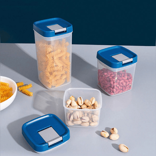 6 peças de caixa de armazenamento de alimentos de cozinha, (3,4 L), (0,65 L), (0,35 L), (0,22 L). Dimensões: 1 unidade 19x11x25, 1 unidade 7,5x7,5x15,5, 1 unidade 7,5x7,5x9,5 e 3 unidades 7,5x7,5x6,5cm.