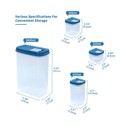 6 peças de caixa de armazenamento de alimentos de cozinha, (3,4 L), (0,65 L), (0,35 L), (0,22 L). Dimensões: 1 unidade 19x11x25, 1 unidade 7,5x7,5x15,5, 1 unidade 7,5x7,5x9,5 e 3 unidades 7,5x7,5x6,5cm.