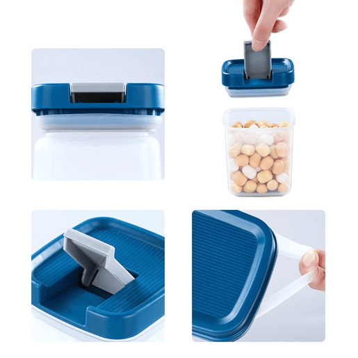 6 peças de caixa de armazenamento de alimentos de cozinha, (3,4 L), (0,65 L), (0,35 L), (0,22 L). Dimensões: 1 unidade 19x11x25, 1 unidade 7,5x7,5x15,5, 1 unidade 7,5x7,5x9,5 e 3 unidades 7,5x7,5x6,5cm.