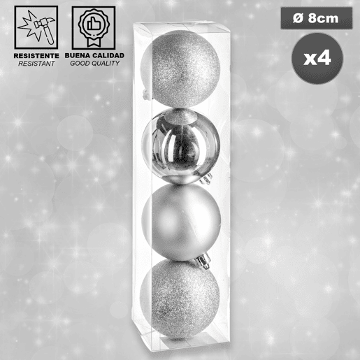 Bola de Natal 80mm x 4 prata.