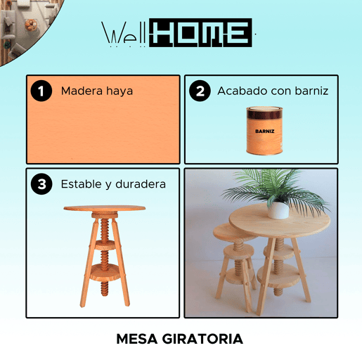 Mesa giratória em madeira de pinho, acabamento em verniz, 59,5x59,5x65 cm