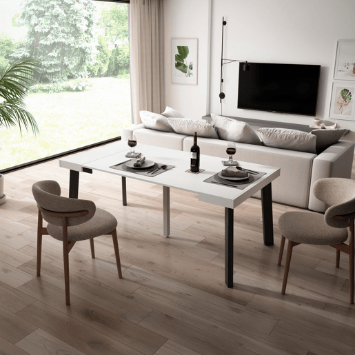 Mesa Consola Extensível, Cozinha, Sala de jantar, 180x90x73cm, Para 8 pessoas, Pés de madeira, Estilo moderno, Branco e preto