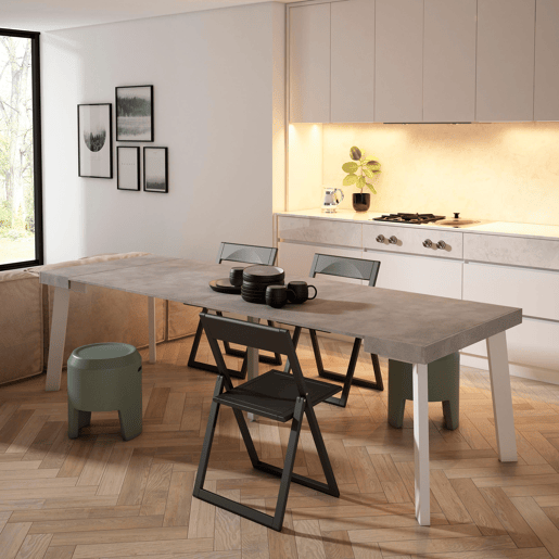Mesa Consola Extensível, Cozinha, Sala de jantar, 262x90x73cm, Para 12 pessoas, Pés de madeira, Estilo moderno, Cimento