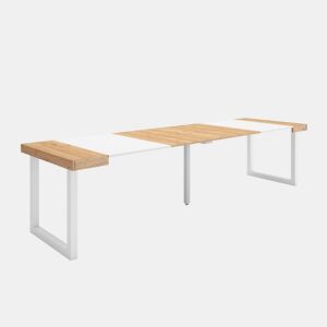 Mesa Consola Extensível, Cozinha, Sala de jantar, 302x90x73cm, Para 14 pessoas, Pés de madeira, Estilo moderno, Carvalho e branco
