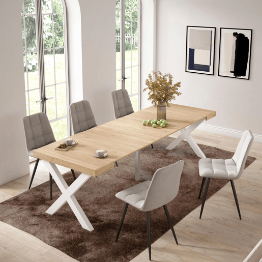Mesa Consola Extensível, Cozinha, Sala de jantar, 262x90x73cm, Para 12 pessoas, Pés de madeira, Estilo moderno, Carvalho