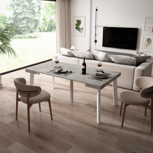 Mesa Consola Extensível, Cozinha, Sala de jantar, 180x90x73cm, Para 8 pessoas, Pés de madeira, Estilo moderno, Cimento
