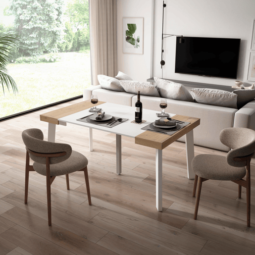 Mesa Consola Extensível, Cozinha, Sala de jantar, 160x90x73cm, Para 8 pessoas, Pés de madeira, Estilo moderno, Carvalho e branco Mesa Consola Extensível, Cozinha, Sala de jantar, 160x90x73cm, Para 8 pessoas, Pés de madeira, Estilo moderno, Carvalho e branco