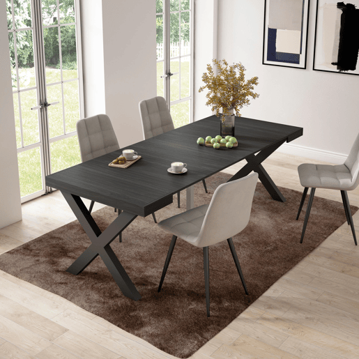 Mesa Consola Extensível, Cozinha, Sala de jantar, 222x90x73cm, Para 10 pessoas, Pés de madeira, Estilo moderno, Preto