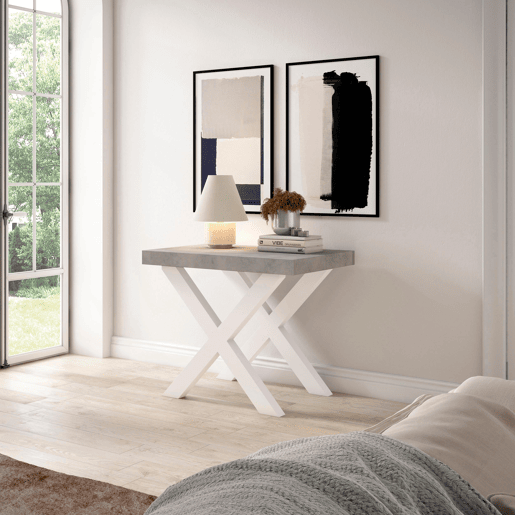 Mesa Consola Extensível, Cozinha, Sala de jantar, 222x90x73cm, Para 10 pessoas, Pés de madeira, Estilo moderno, Branco e cinzento Mesa Consola Extensível, Cozinha, Sala de jantar, 222x90x73cm, Para 10 pessoas, Pés de madeira, Estilo moderno, Branco e cinzento