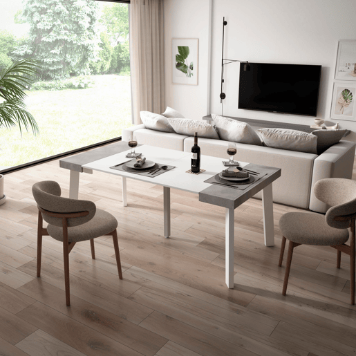 Mesa Consola Extensível, Cozinha, Sala de jantar, 180x90x73cm, Para 8 pessoas, Pés de madeira, Estilo moderno, Branco e cinzento
