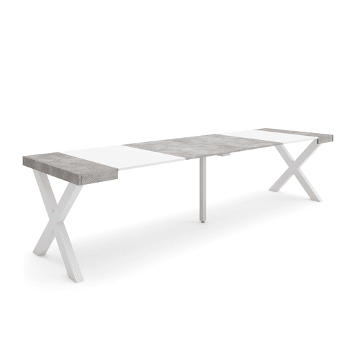 Mesa Consola Extensível, Cozinha, Sala de jantar, 302x90x73cm, Para 14 pessoas, Pés de madeira, Estilo moderno, Branco e cinzento