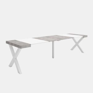 Mesa Consola Extensível, Cozinha, Sala de jantar, 302x90x73cm, Para 14 pessoas, Pés de madeira, Estilo moderno, Branco e cinzento