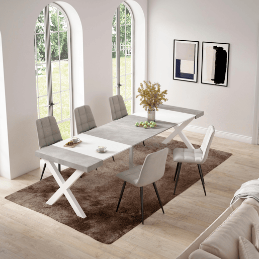 Mesa Consola Extensível, Cozinha, Sala de jantar, 302x90x73cm, Para 14 pessoas, Pés de madeira, Estilo moderno, Branco e cinzento