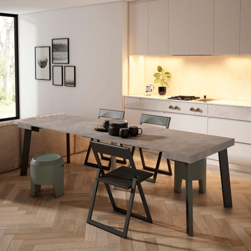 Mesa Consola Extensível, Cozinha, Sala de jantar, 262x90x73cm, Para 12 pessoas, Pés de madeira, Estilo moderno, Cimento