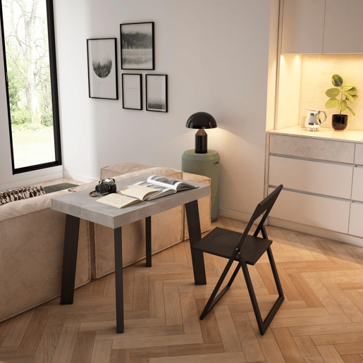Mesa Consola Extensível, Cozinha, Sala de jantar, 262x90x73cm, Para 12 pessoas, Pés de madeira, Estilo moderno, Cimento