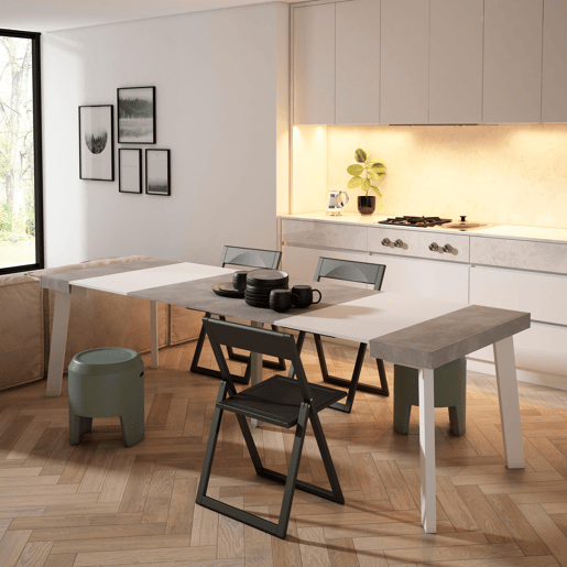 Mesa Consola Extensível, Cozinha, Sala de jantar, 262x90x73cm, Para 12 pessoas, Pés de madeira, Estilo moderno, Branco e cinzento Mesa Consola Extensível, Cozinha, Sala de jantar, 262x90x73cm, Para 12 pessoas, Pés de madeira, Estilo moderno, Branco e cinzento