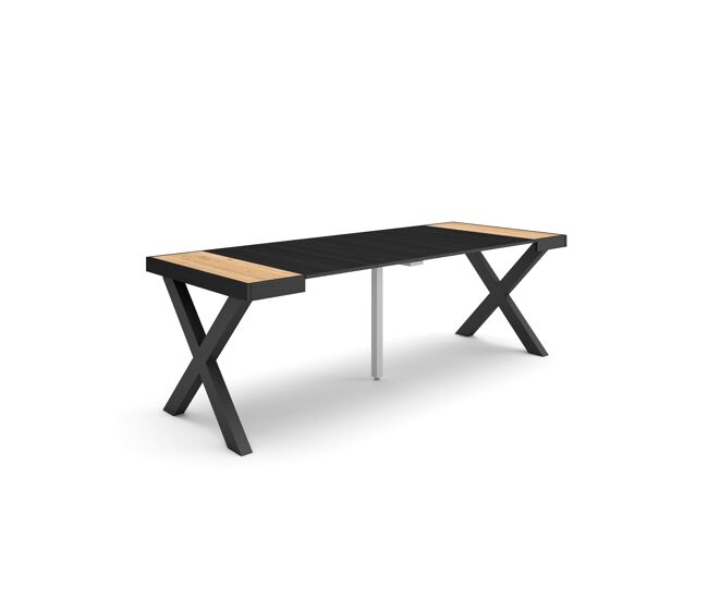 Mesa consola extensible, mesa comedor plegable, 222x90x73cm, para 10 comensales, patas madera maciza, estilo moderno, roble y negro
