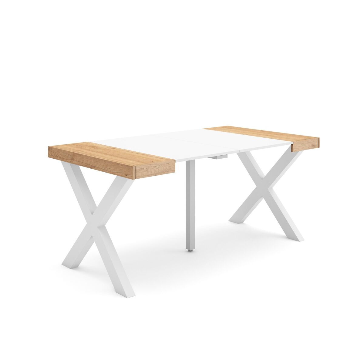 Mesa consola extensible, mesa comedor plegable, 160x90x73cm, para 8 comensales, patas madera maciza, estilo moderno, roble y blanco