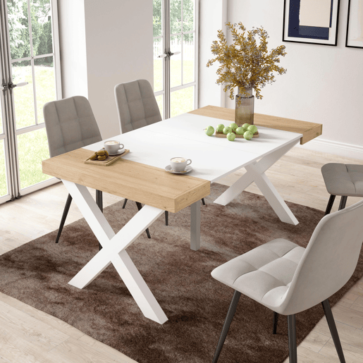 Mesa Consola Extensível, Cozinha, Sala de jantar, 160x90x73cm, Para 8 pessoas, Pés de madeira, Estilo moderno, Carvalho e branco