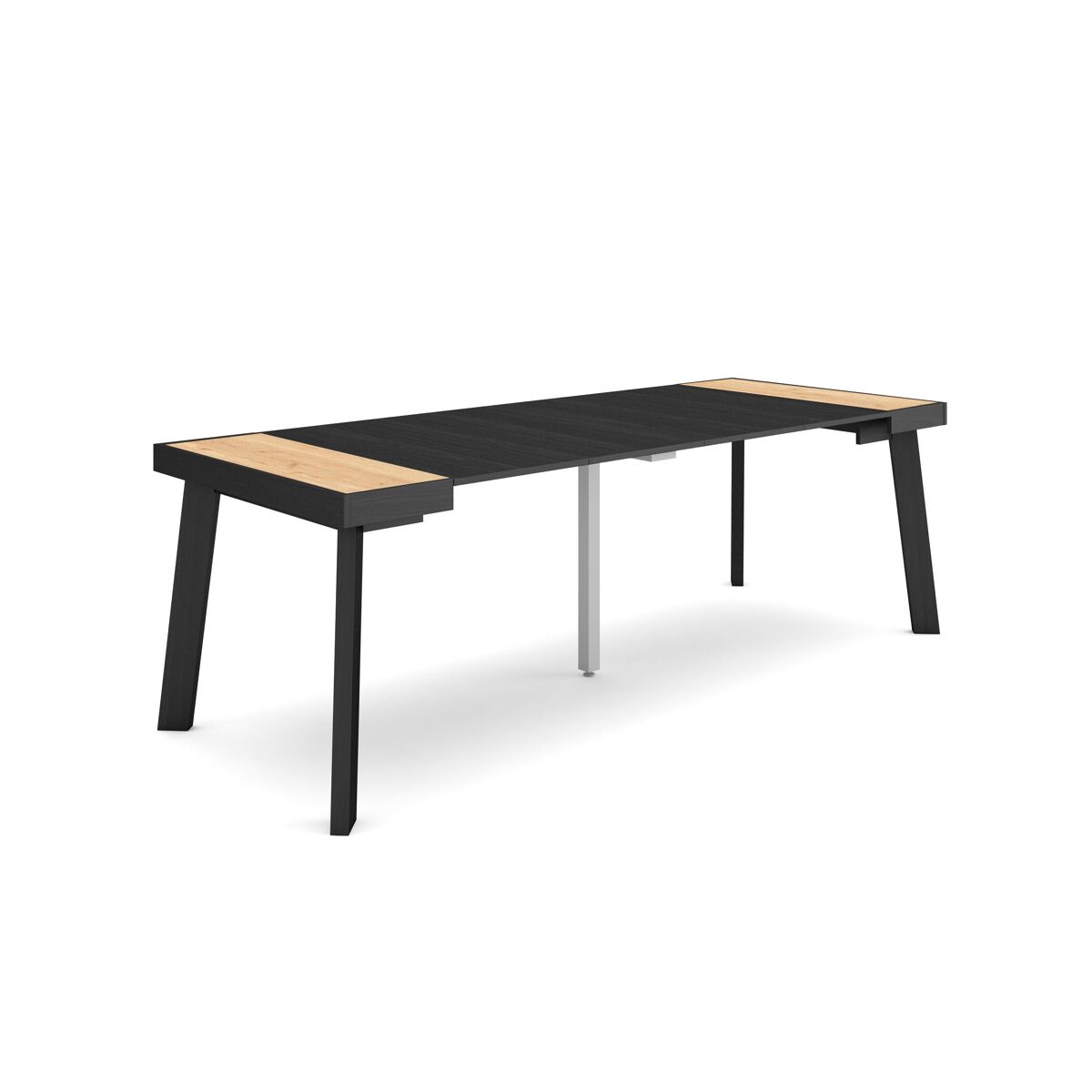 Mesa consola extensible, mesa comedor plegable, 222x90x73cm, para 10 comensales, patas de madera, estilo moderno, roble y negro