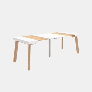 Mesa Consola Extensível, Cozinha, Sala de jantar, 222x90x73cm, Para 10 pessoas, Pés de madeira, Estilo moderno, Carvalho e branco