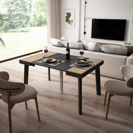 Mesa Consola Extensível, Cozinha, Sala de jantar, 140x90x73cm, Para 6 pessoas, Pés de madeira, Estilo moderno, Carvalho e preto Mesa Consola Extensível, Cozinha, Sala de jantar, 140x90x73cm, Para 6 pessoas, Pés de madeira, Estilo moderno, Carvalho e preto